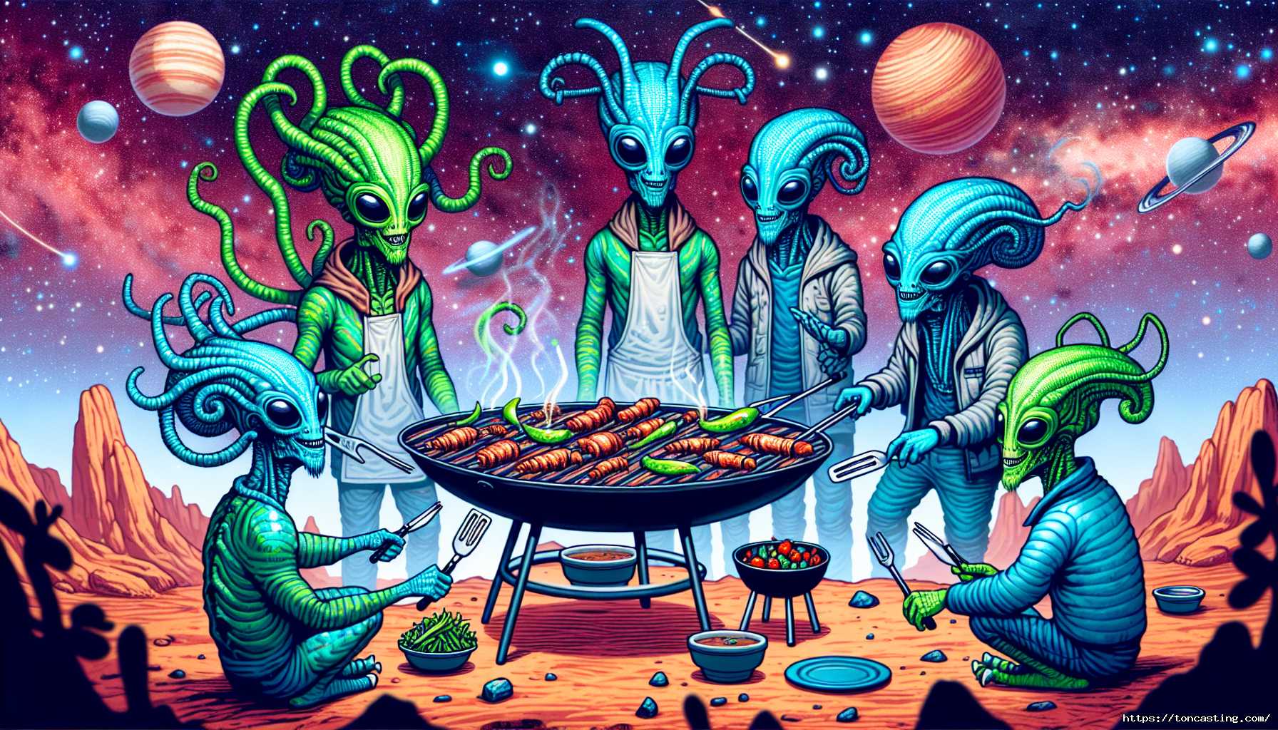 Des extraterrestres font un barbecue sous un ciel étoilé.