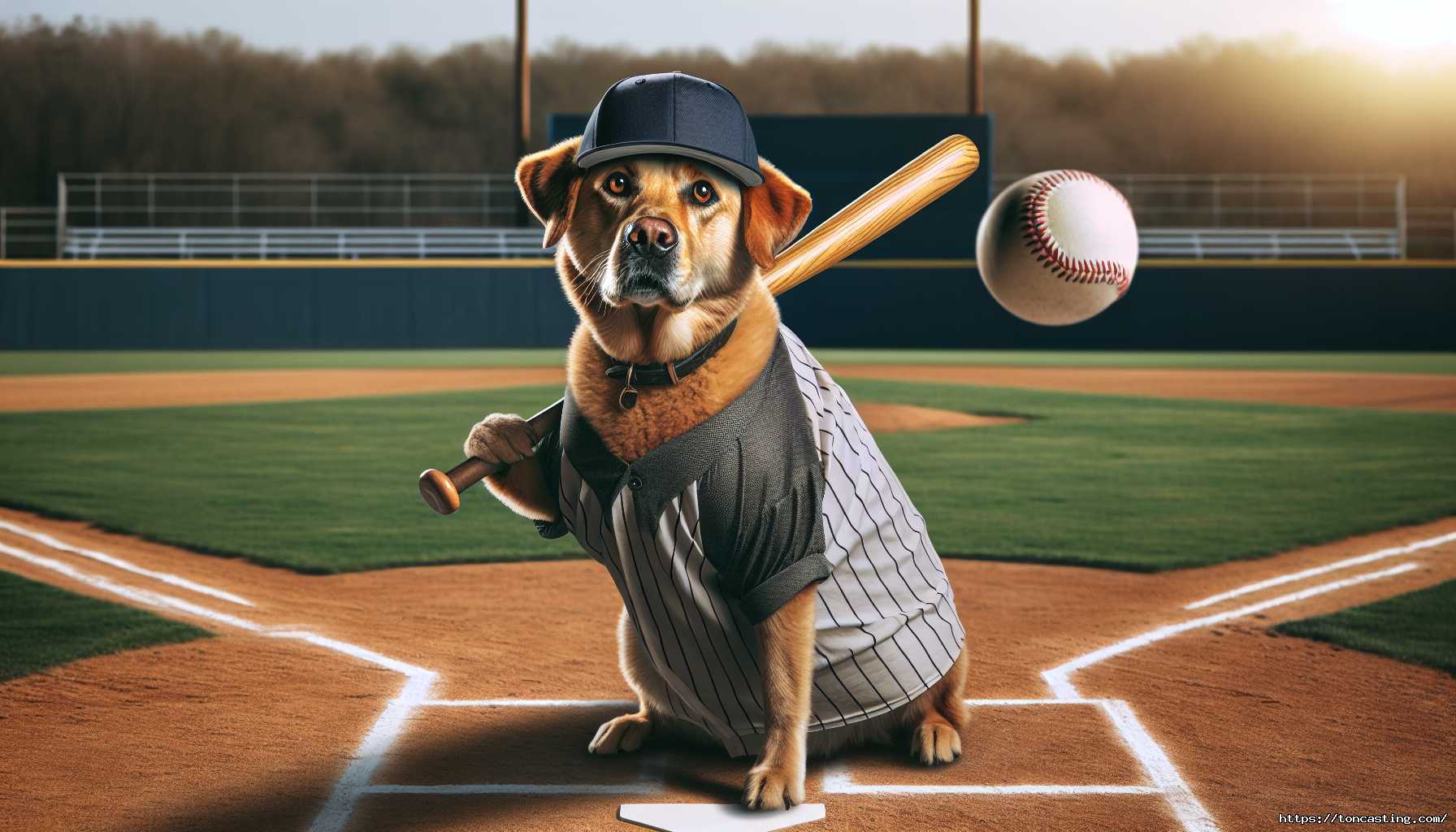 Un chien en tenue de baseball avec une batte prête à frapper une balle.