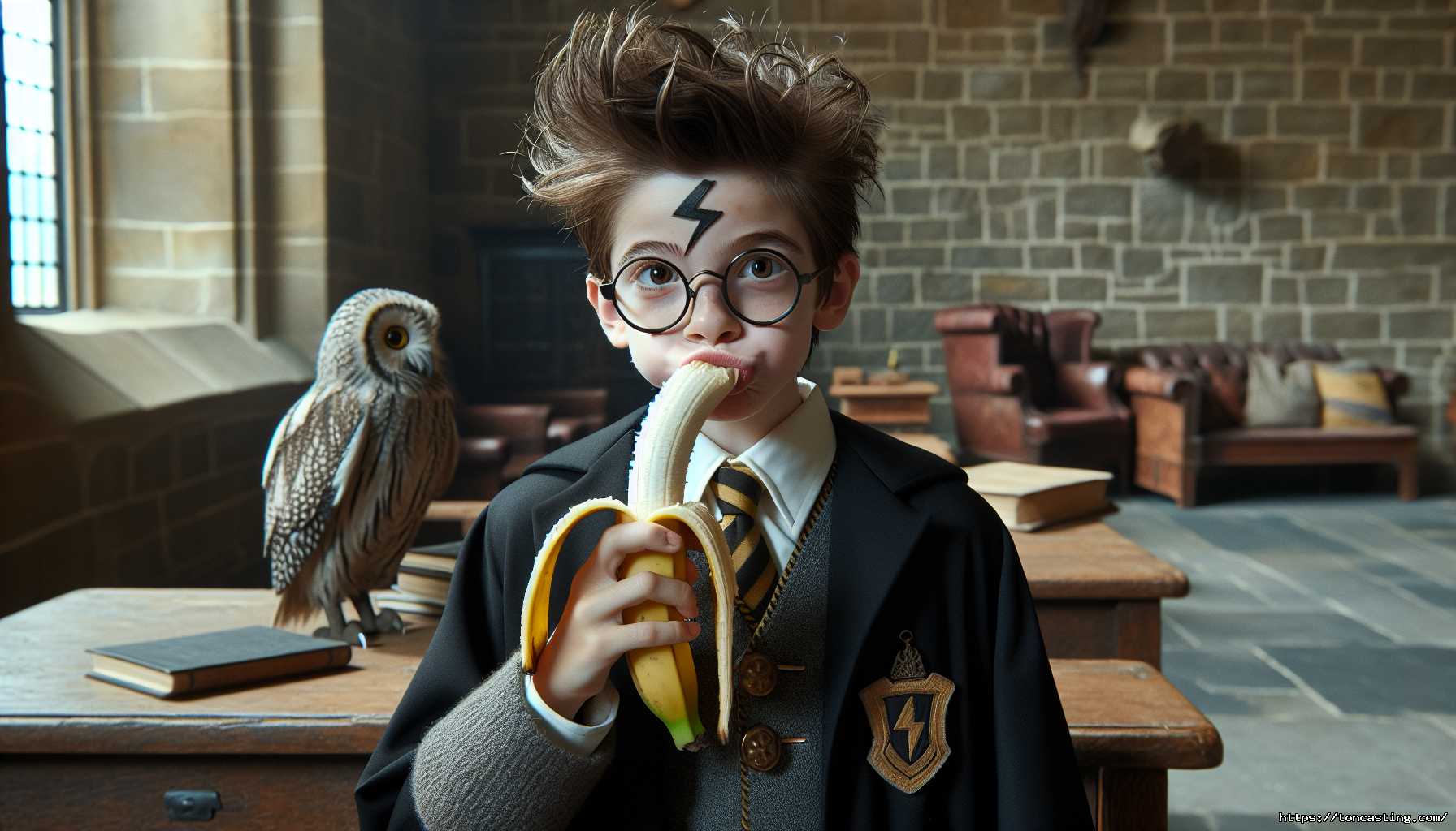 Enfant avec des lunettes, une cicatrice en forme d'éclair, mangeant une banane dans une salle en pierre.