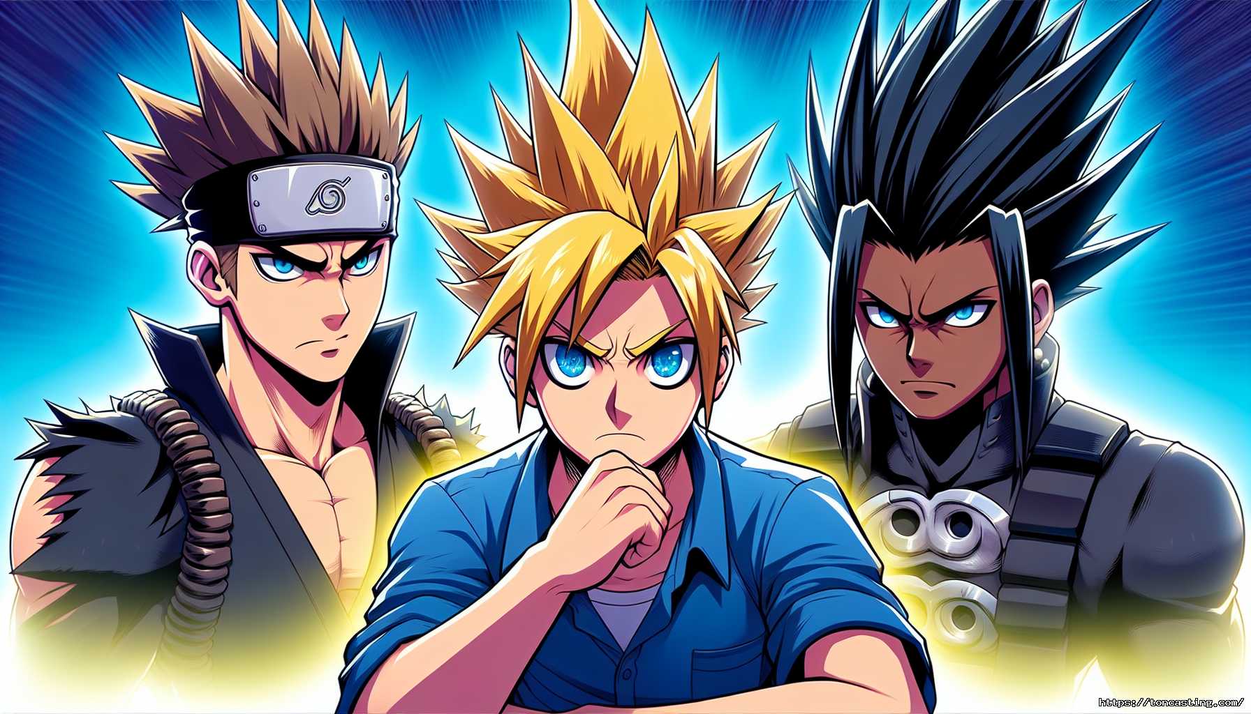 Trois personnages de style anime avec des coiffures et expressions différentes.