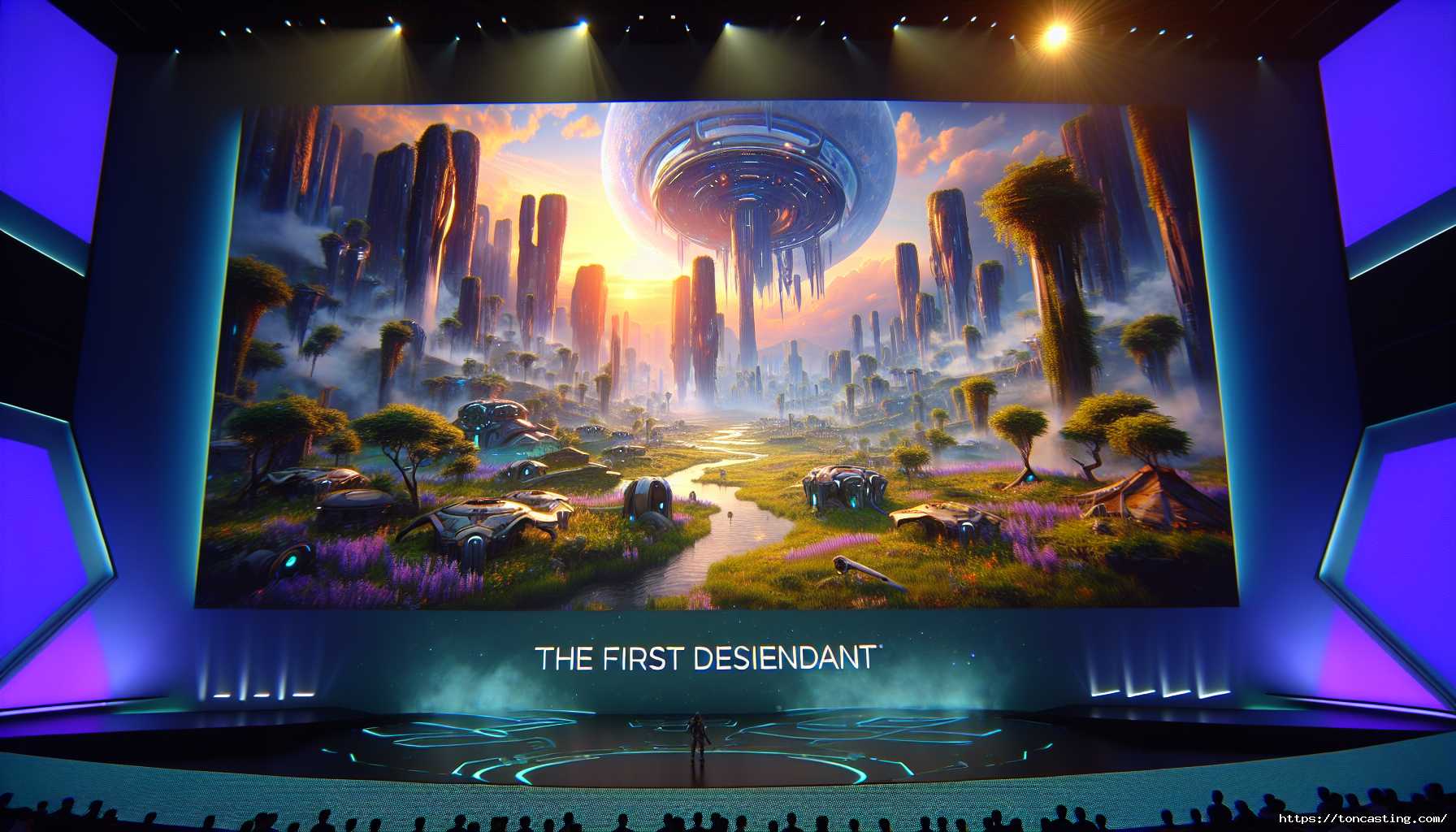 Présentation d'un paysage futuriste avec "The First Descendant" affiché à l'écran.