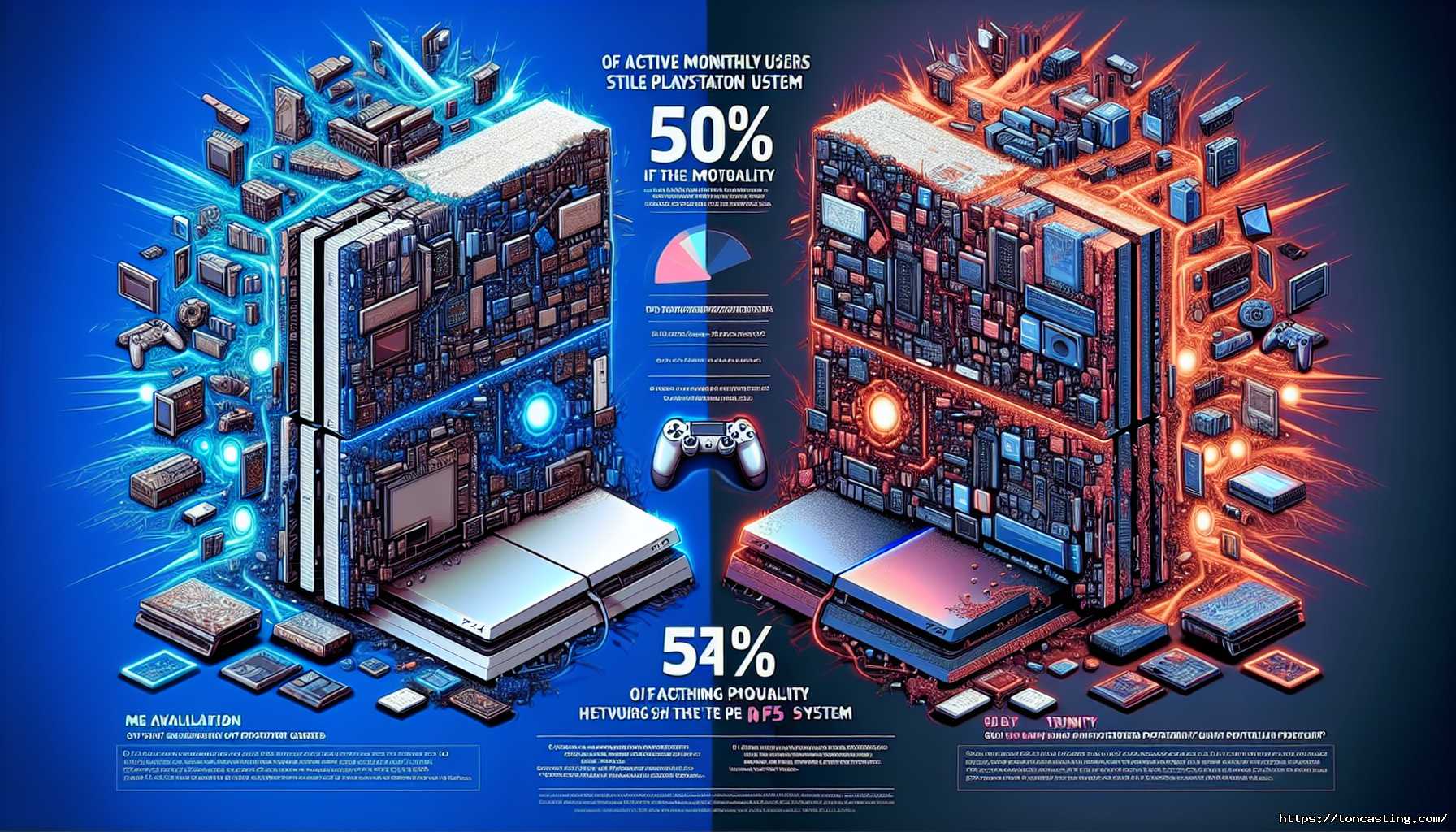 Illustration montrant deux consoles PlayStation entourées de composants électroniques éclatants.