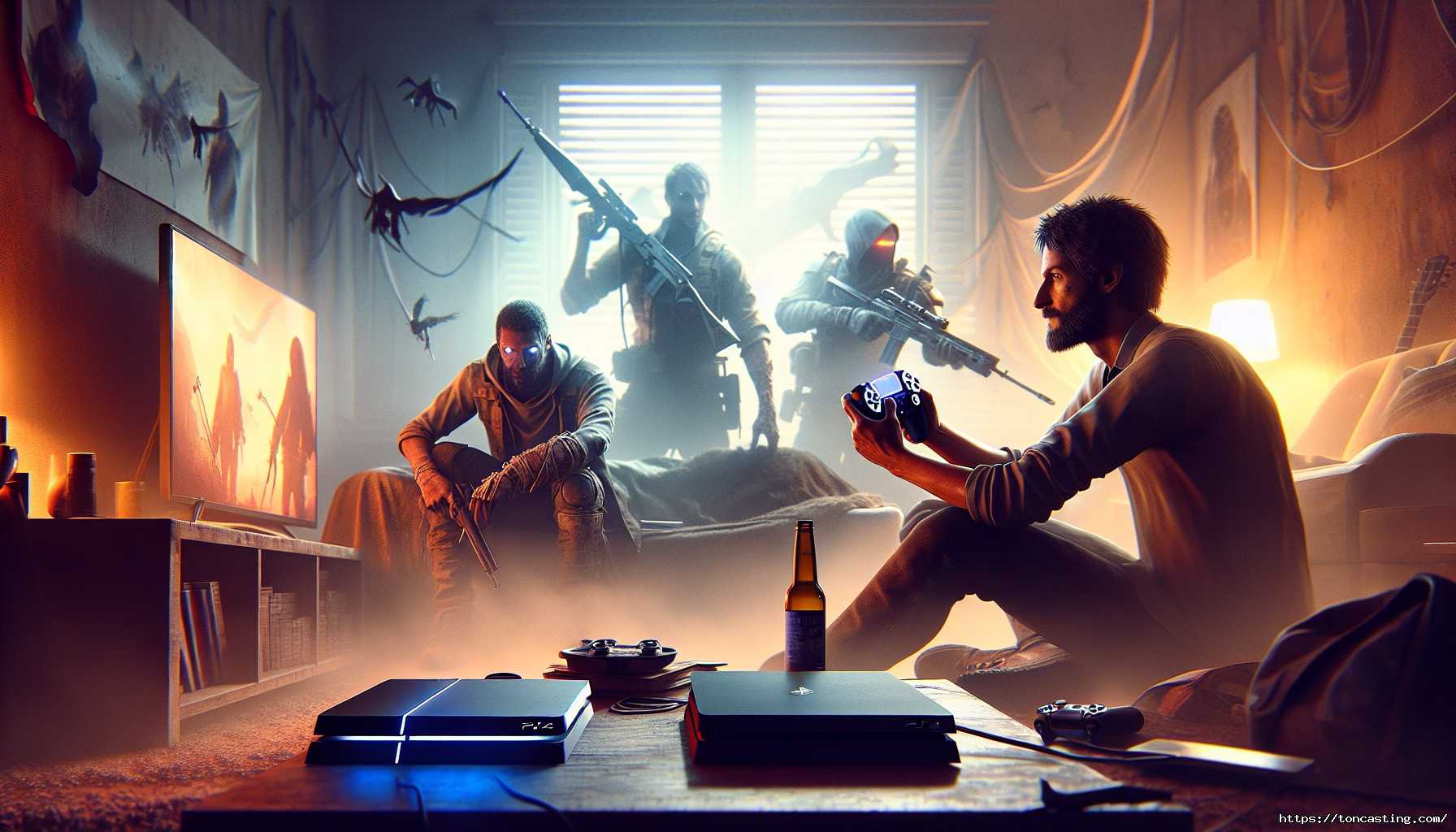 Un homme joue à un jeu vidéo dans un salon sombre, avec des guerriers en arrière-plan.