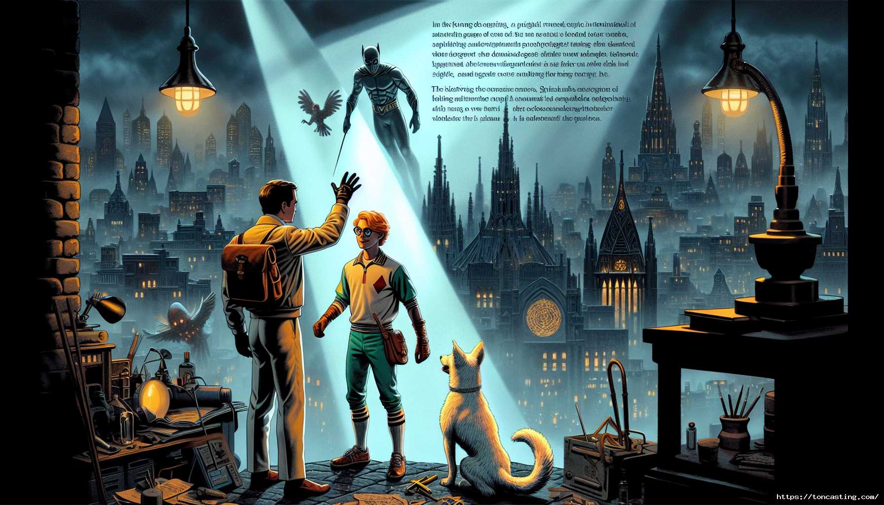 Batman et Robin surplombant une ville sombre, avec un chien à leurs côtés.