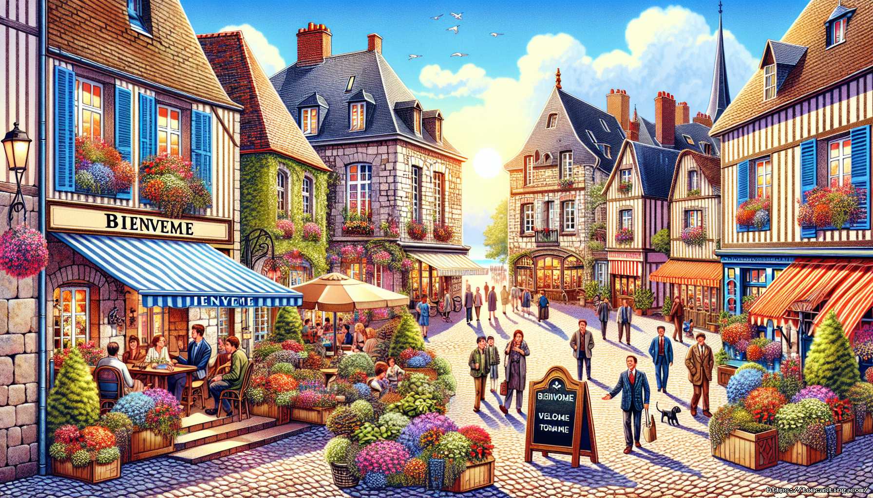 Rue animée dans un village pittoresque avec des devantures de magasins et des terrasses.