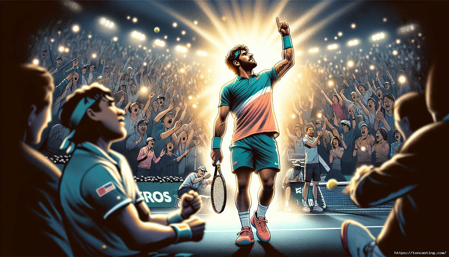 Illustration d'un joueur de tennis célébrant une victoire devant une foule enthousiaste.