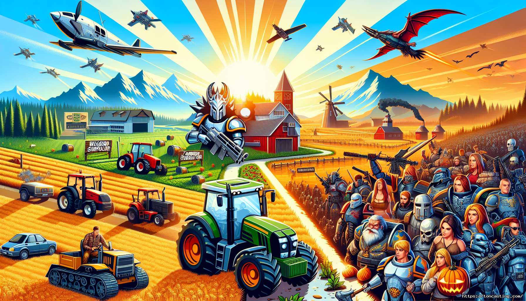 Illustration d'une ferme futuriste avec des guerriers, des avions et un dragon.