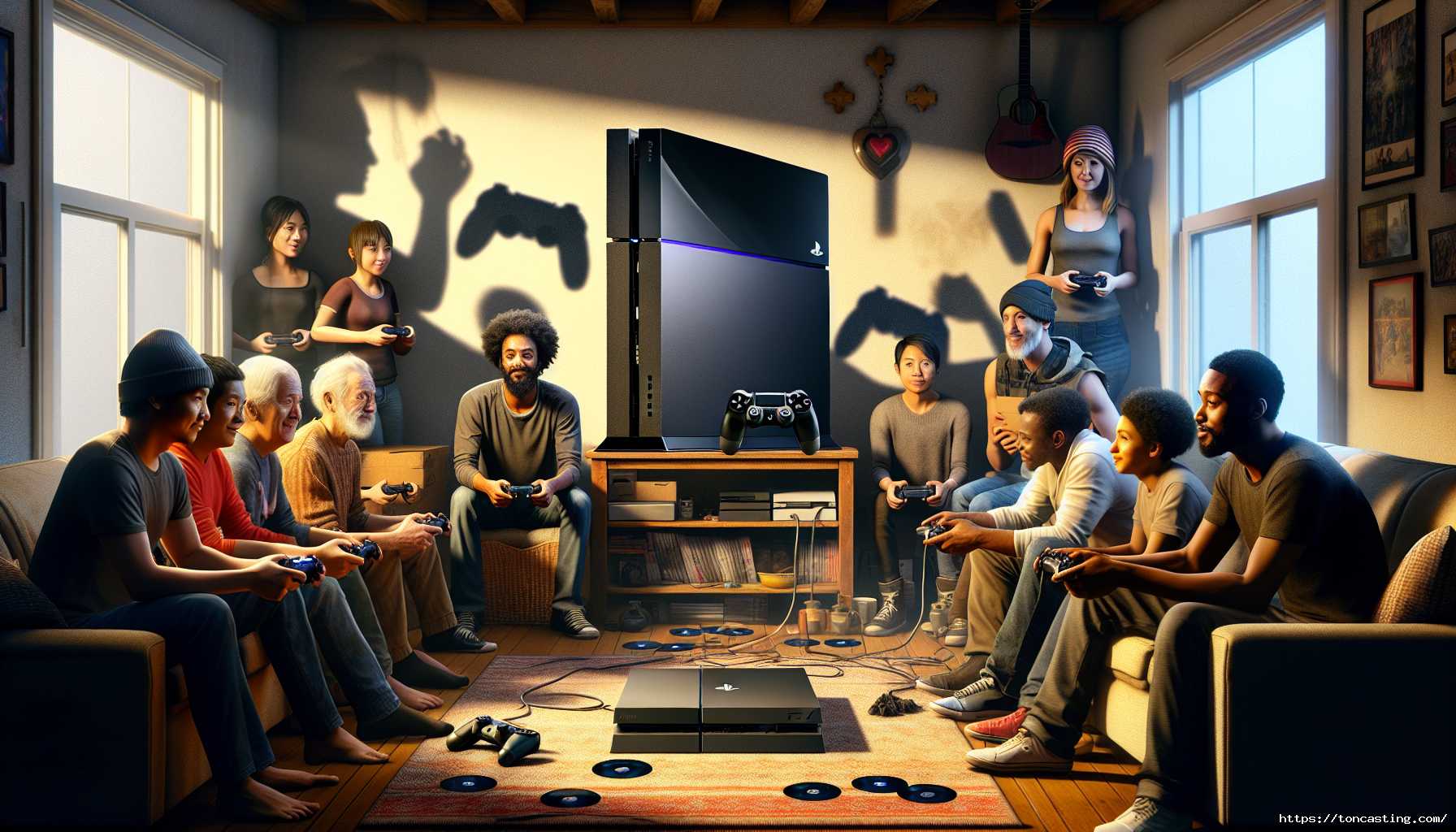 Groupe de personnes de différents âges jouant à des jeux vidéo dans un salon.