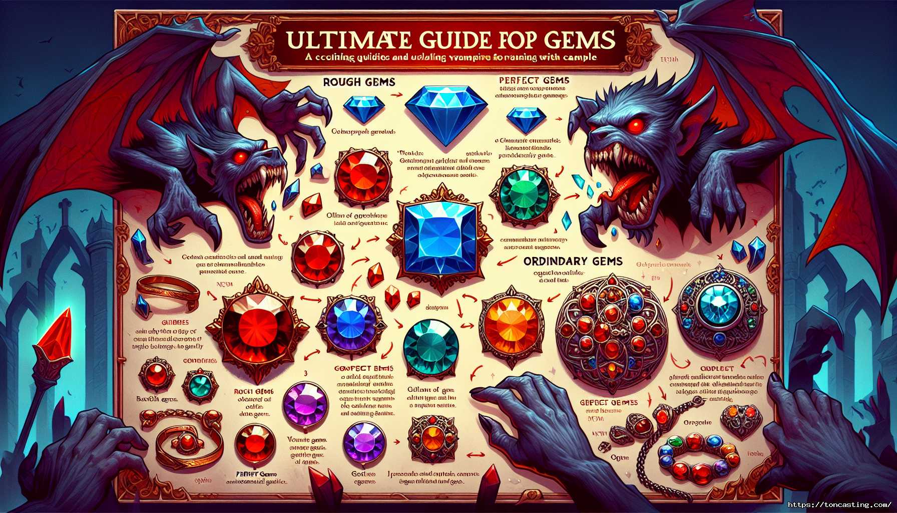 Guide des gemmes avec des illustrations de vampires et différentes pierres précieuses.