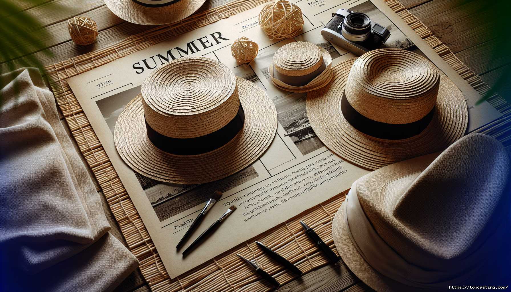 Chapeaux en paille et accessoires d'été sur une table en bois.