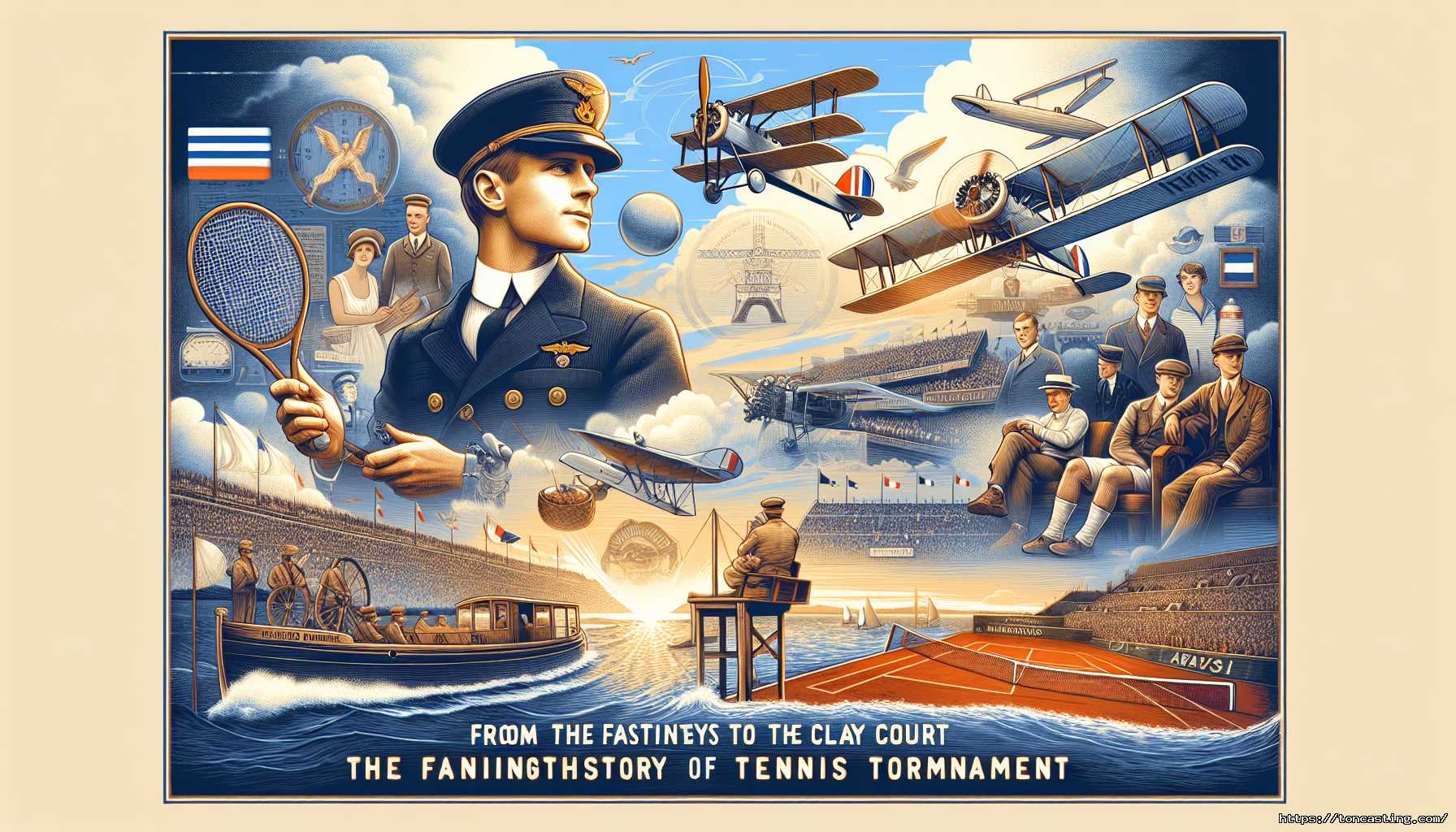 Affiche rétro de la révolution du tennis avec des avions et des scènes historiques.