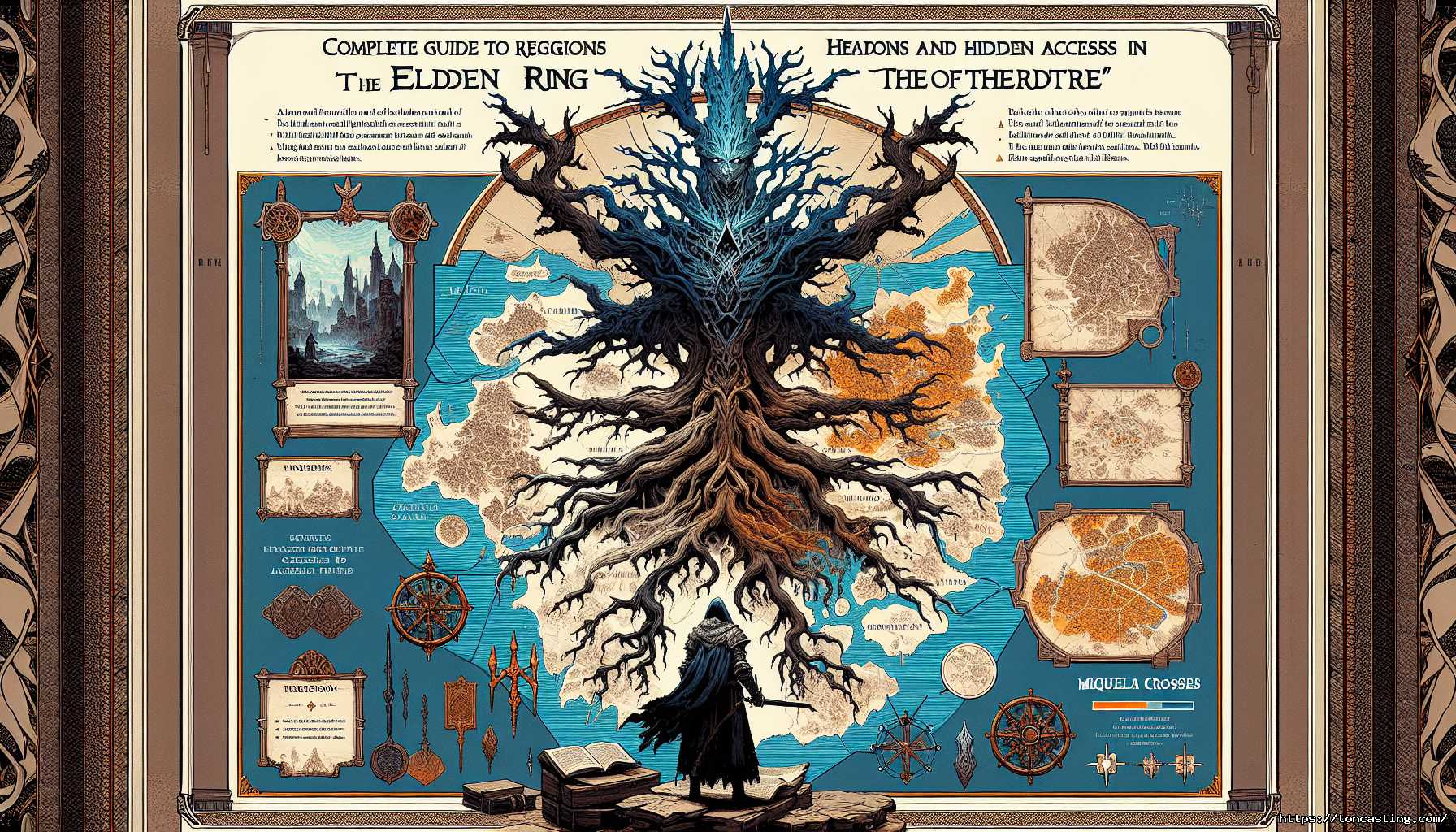 Carte fantastique d'un monde avec un immense arbre central et des régions détaillées.